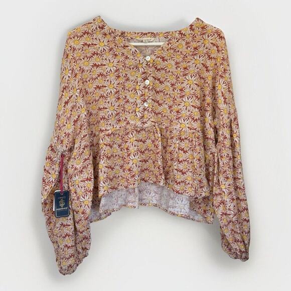 Simply Southern Tops - NWT Simply Southern Floral Daisy Print Puff Sleeve Cropped 100% Cotton Blouse XL